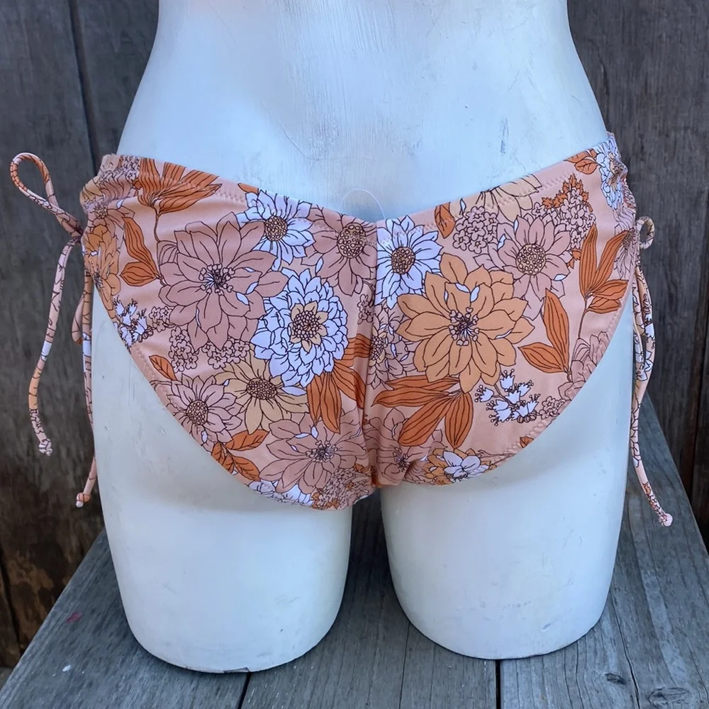 J Crew Orange Floral Side Tie Ruching Hipster Bikini Bottoms Size S NWT